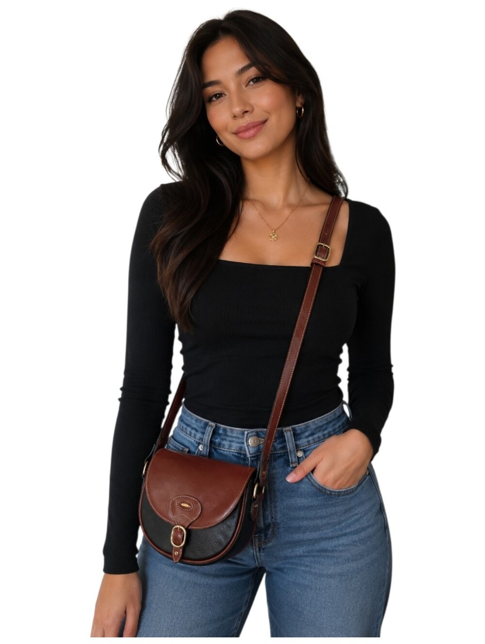 Bally Vintage Leather Crossbody Saddle Bag Brown & Black Adjustable Strap